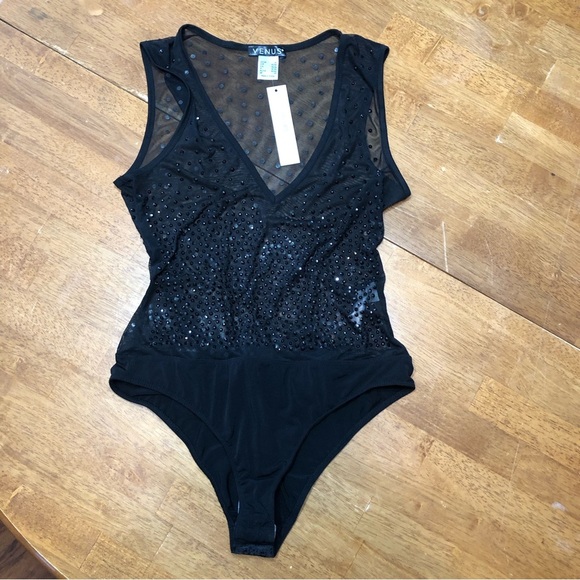 Venus Black Studded / Mesh V-Neck Gorgeous Sleeveless Bodysuit XS - Picture 8 of 15